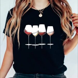 Wine Glass Graphic Print Solid T-Shirt, Crew Neck Short Sleeve Casual Top For Summer & Spring, Women's Clothing